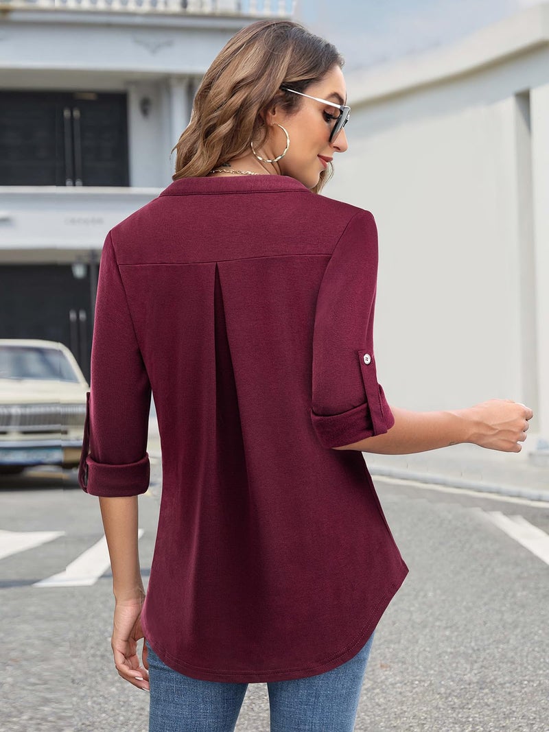 Bulotus Women's 3/4 Sleeve Tops Zip Front Casual Shirt Fall Top for Leggings Blouses for Women Business Casual, Burgundy, X-Large - Image 5